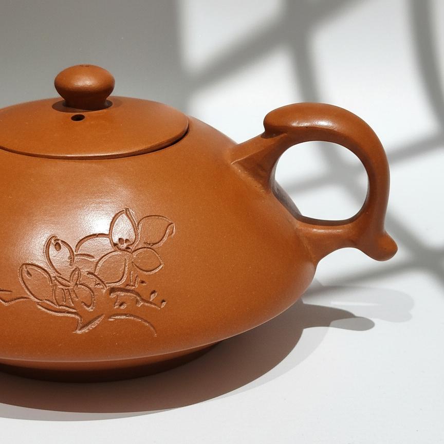 Handmade Yixing Terracotta Teapot Set, Lotus Carving, Removable Infuser