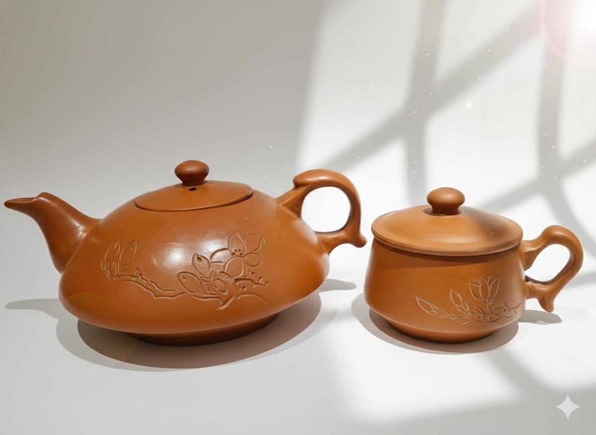 Handmade Yixing Terracotta Teapot Set, Lotus Carving, Removable Infuser