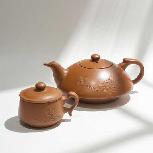 Handmade Yixing Terracotta Teapot Set, Lotus Carving, Removable Infuser