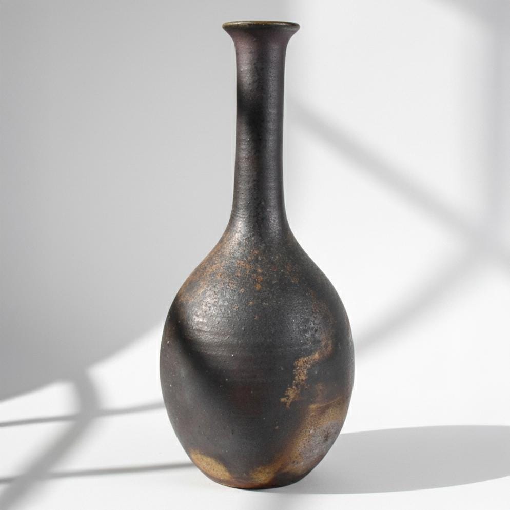 Authentic Bizen Ware Crane Neck Vase, Signed Wood Box, Japanese Pottery