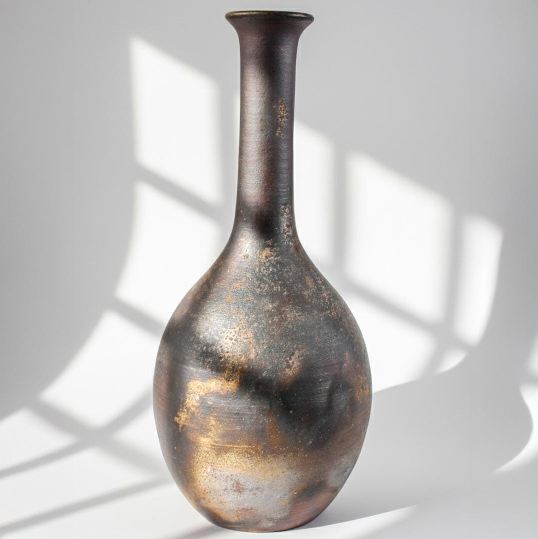 Authentic Bizen Ware Crane Neck Vase, Signed Wood Box, Japanese Pottery