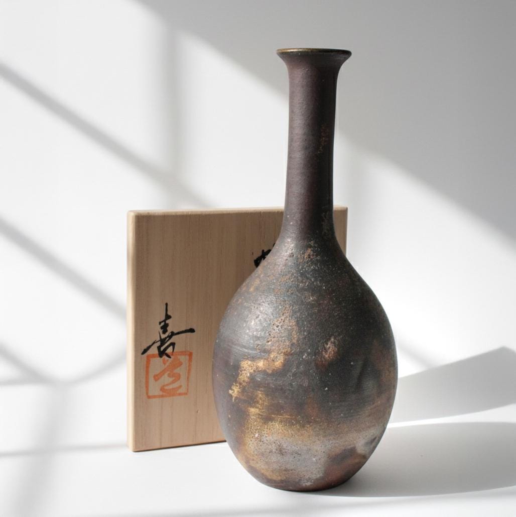 Authentic Bizen Ware Crane Neck Vase, Signed Wood Box, Japanese Pottery
