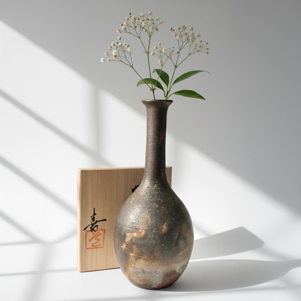 Authentic Bizen Ware Crane Neck Vase, Signed Wood Box, Japanese Pottery