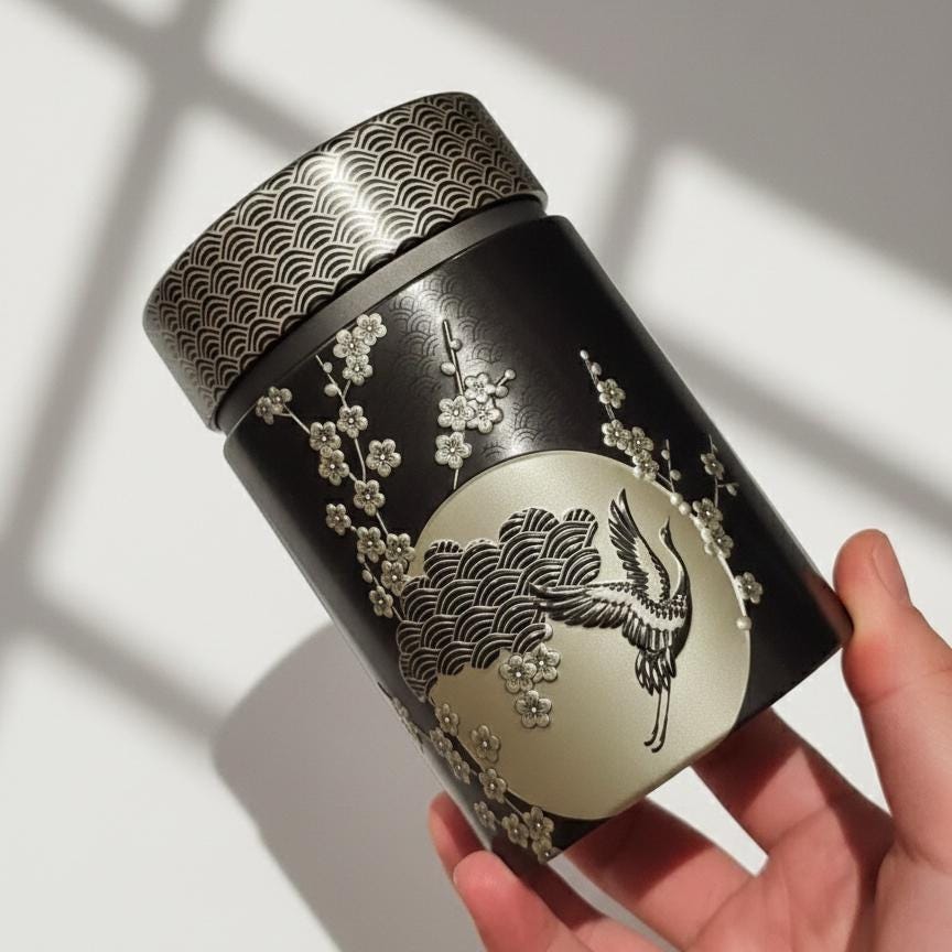 Japanese Tea Caddy Canister, Crane Cherry Blossom Design, Airtight Tin Storage Container, Black Silver | For Matcha, Tea, Spice, Coffee