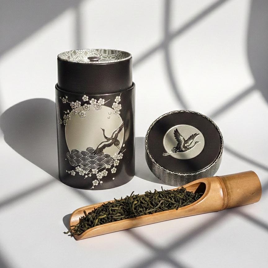 Japanese Tea Caddy Canister, Crane Cherry Blossom Design, Airtight Tin Storage Container, Black Silver | For Matcha, Tea, Spice, Coffee