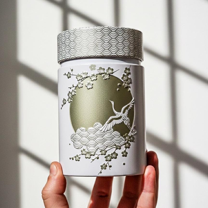 Japanese Tea Caddy Canister, Crane Moon Cherry Blossom Design, Airtight Tin Storage Container, White Silver | For Matcha, Tea, Spice, Coffee