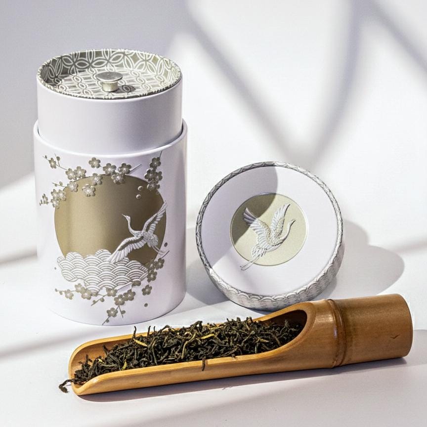 Japanese Tea Caddy Canister, Crane Moon Cherry Blossom Design, Airtight Tin Storage Container, White Silver | For Matcha, Tea, Spice, Coffee