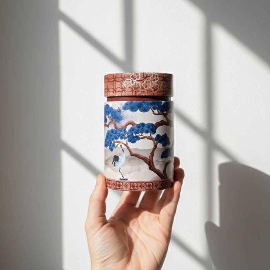 Japanese Tea Caddy Canister, Pine Tree & Crane Design, Airtight Tin Storage Container, White Silver | For Matcha, Tea, Spice, Coffee