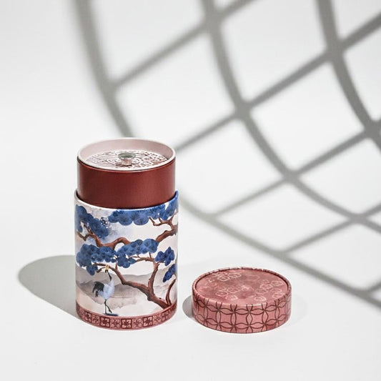 Japanese Tea Caddy Canister, Pine Tree & Crane Design, Airtight Tin Storage Container, White Silver | For Matcha, Tea, Spice, Coffee