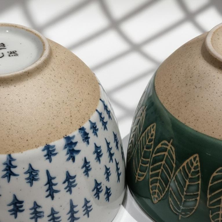 Retro Japanese Bowls Set, Hand Painted Leaf Pattern Ceramic, Mid Century Modern Rice Bowls, Green Blue White Stoneware