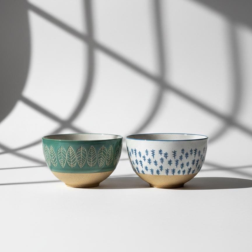 Retro Japanese Bowls Set, Hand Painted Leaf Pattern Ceramic, Mid Century Modern Rice Bowls, Green Blue White Stoneware