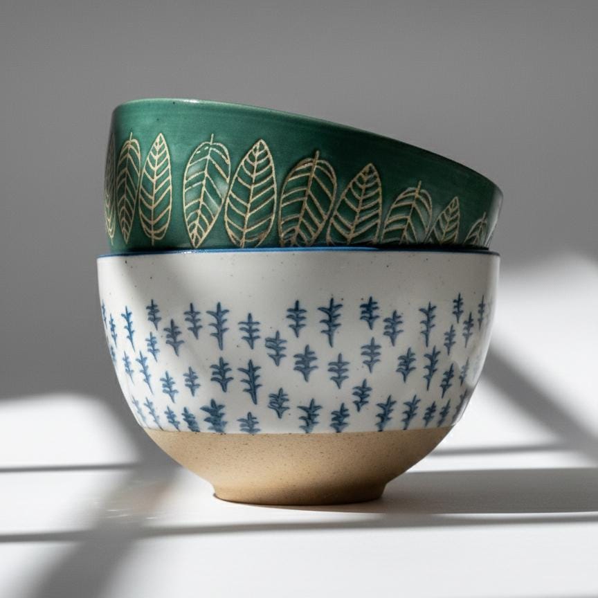Retro Japanese Bowls Set, Hand Painted Leaf Pattern Ceramic, Mid Century Modern Rice Bowls, Green Blue White Stoneware