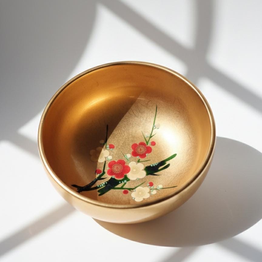 Japanese Gold Leaf Lacquerware Bowl with Signed Box, Plum Blossom Maki-e Design, Authentic Urushi Lacquer Serving Bowl