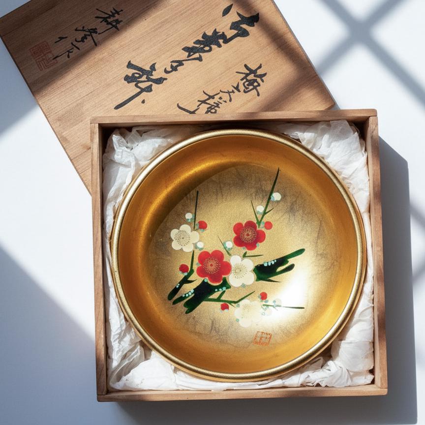 Japanese Gold Leaf Lacquerware Bowl with Signed Box, Plum Blossom Maki-e Design, Authentic Urushi Lacquer Serving Bowl