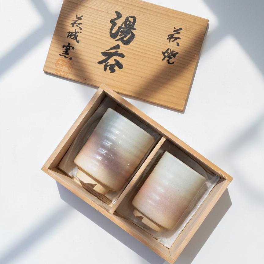Hagi Ware Yunomi Tea Cups Pair with Signed Box, Japanese Pottery Set, Gradient Glaze Hagi Yaki, Traditional Ceramic Gift