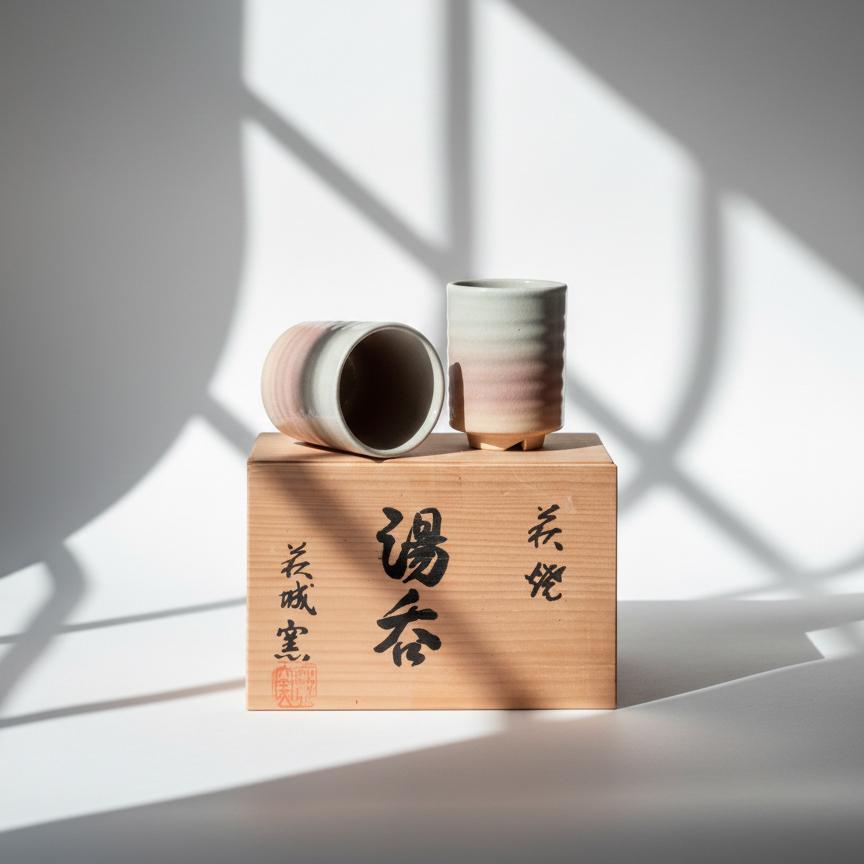 Hagi Ware Yunomi Tea Cups Pair with Signed Box, Japanese Pottery Set, Gradient Glaze Hagi Yaki, Traditional Ceramic Gift