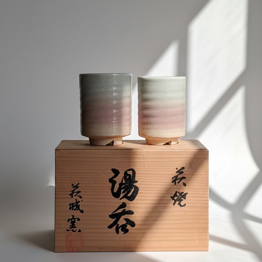 Hagi Ware Yunomi Tea Cups Pair with Signed Box, Japanese Pottery Set, Gradient Glaze Hagi Yaki, Traditional Ceramic Gift