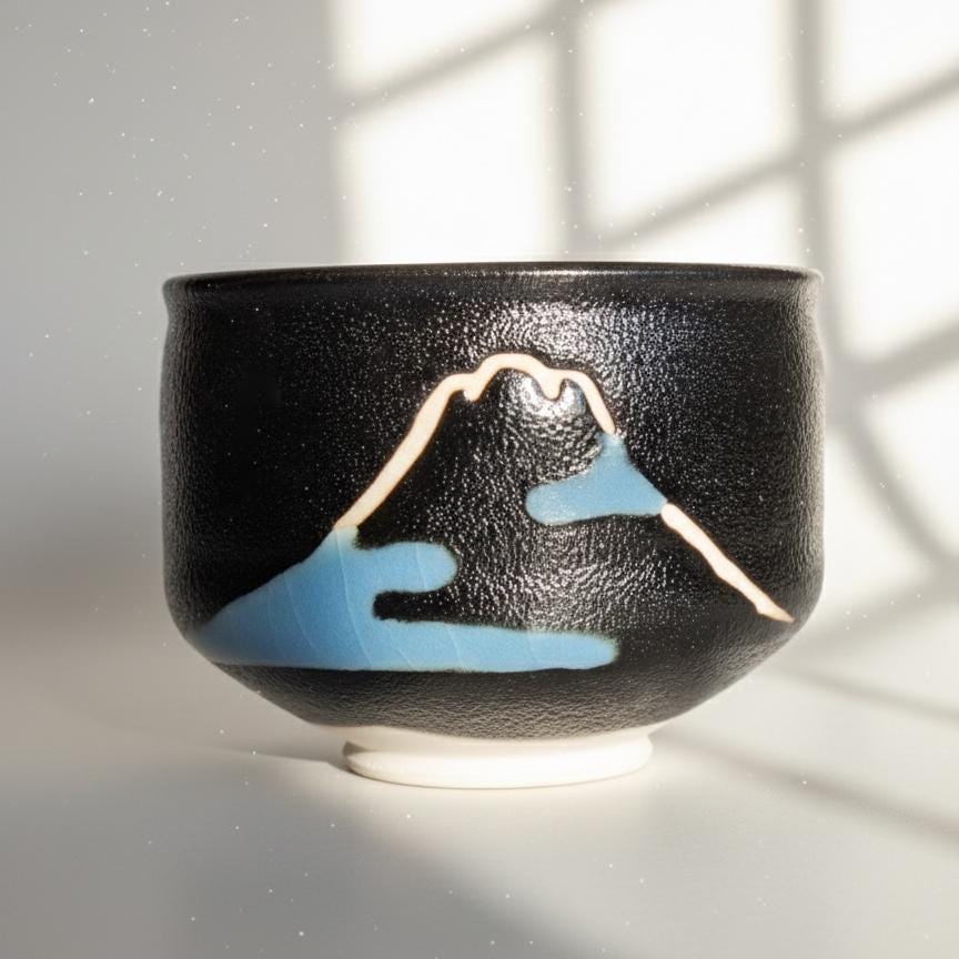 Fumiyasu Sugiura Seto Ware Matcha Bowl with Box, Mt. Fuji Design Tea Bowl, Famous Japanese Potter, Collector Chawan