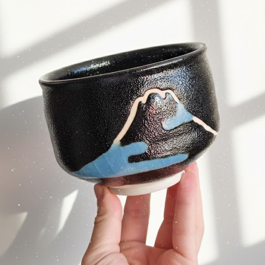 Fumiyasu Sugiura Seto Ware Matcha Bowl with Box, Mt. Fuji Design Tea Bowl, Famous Japanese Potter, Collector Chawan