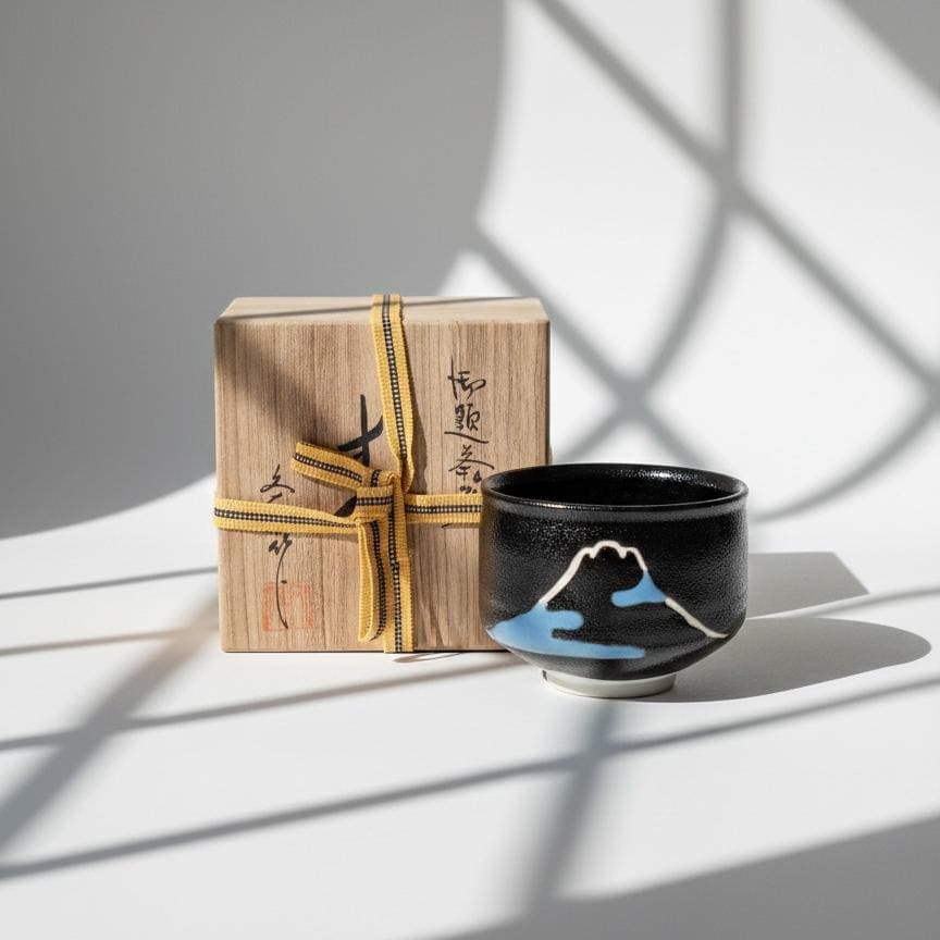 Fumiyasu Sugiura Seto Ware Matcha Bowl with Box, Mt. Fuji Design Tea Bowl, Famous Japanese Potter, Collector Chawan