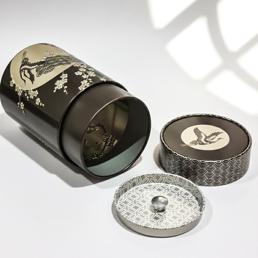 Japanese Tea Caddy Canister, Crane Cherry Blossom Design, Airtight Tin Storage Container, Black Silver | For Matcha, Tea, Spice, Coffee