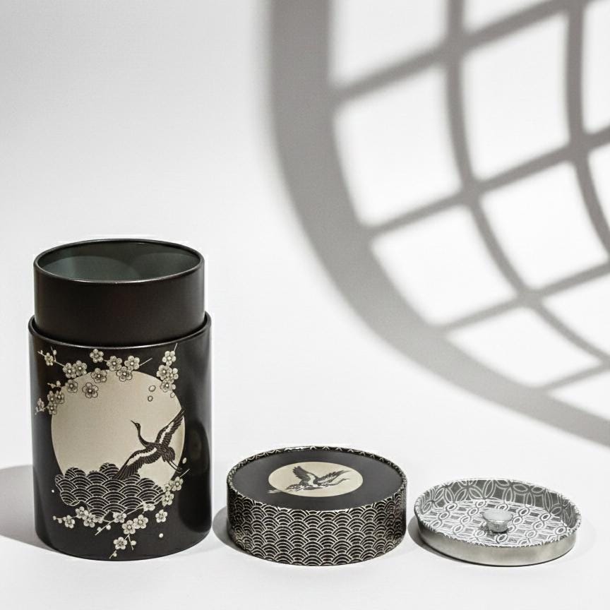 Japanese Tea Caddy Canister, Crane Cherry Blossom Design, Airtight Tin Storage Container, Black Silver | For Matcha, Tea, Spice, Coffee