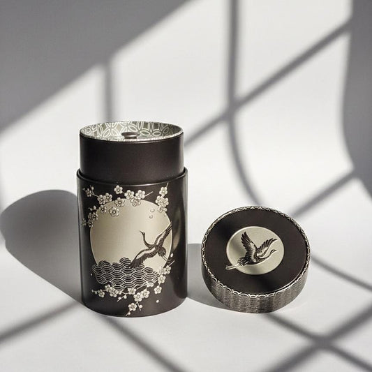 Japanese Tea Caddy Canister, Crane Cherry Blossom Design, Airtight Tin Storage Container, Black Silver | For Matcha, Tea, Spice, Coffee