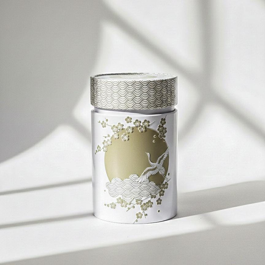 Japanese Tea Caddy Canister, Crane Moon Cherry Blossom Design, Airtight Tin Storage Container, White Silver | For Matcha, Tea, Spice, Coffee
