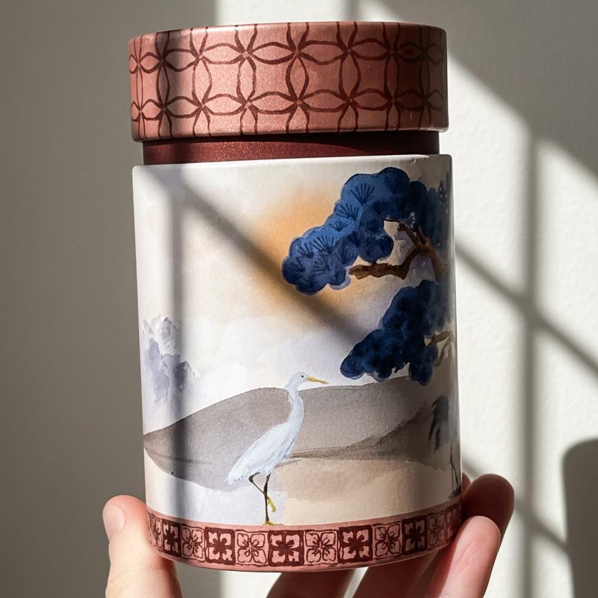 Japanese Tea Caddy Canister, Pine Tree & Crane Design, Airtight Tin Storage Container, White Silver | For Matcha, Tea, Spice, Coffee