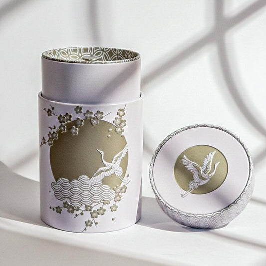 Japanese Tea Caddy Canister, Crane Moon Cherry Blossom Design, Airtight Tin Storage Container, White Silver | For Matcha, Tea, Spice, Coffee