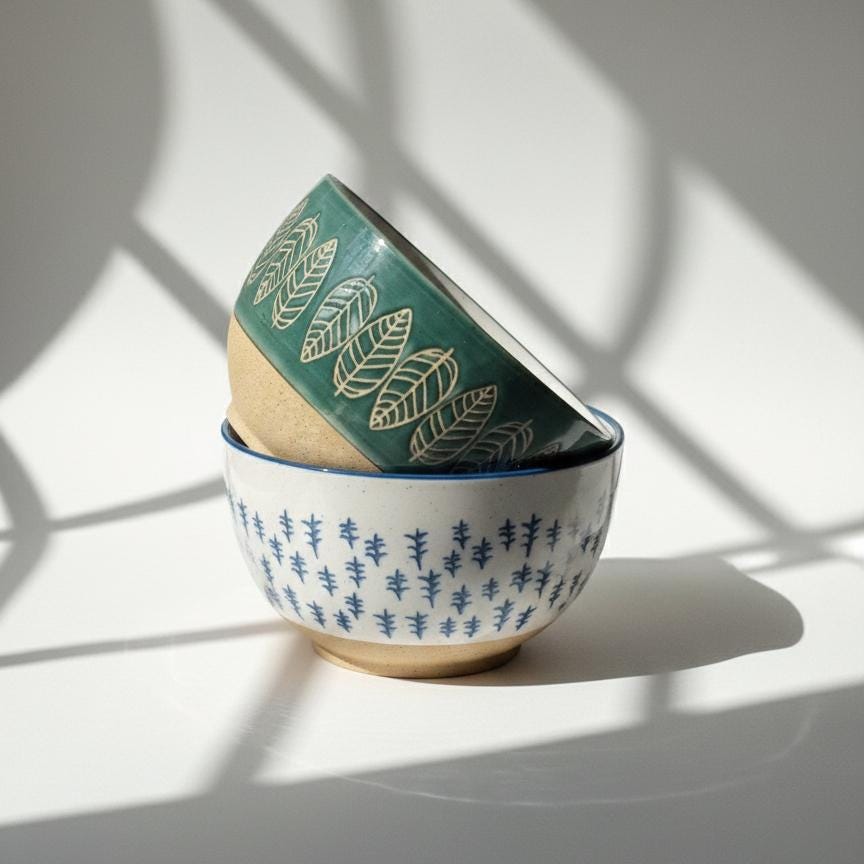 Retro Japanese Bowls Set, Hand Painted Leaf Pattern Ceramic, Mid Century Modern Rice Bowls, Green Blue White Stoneware