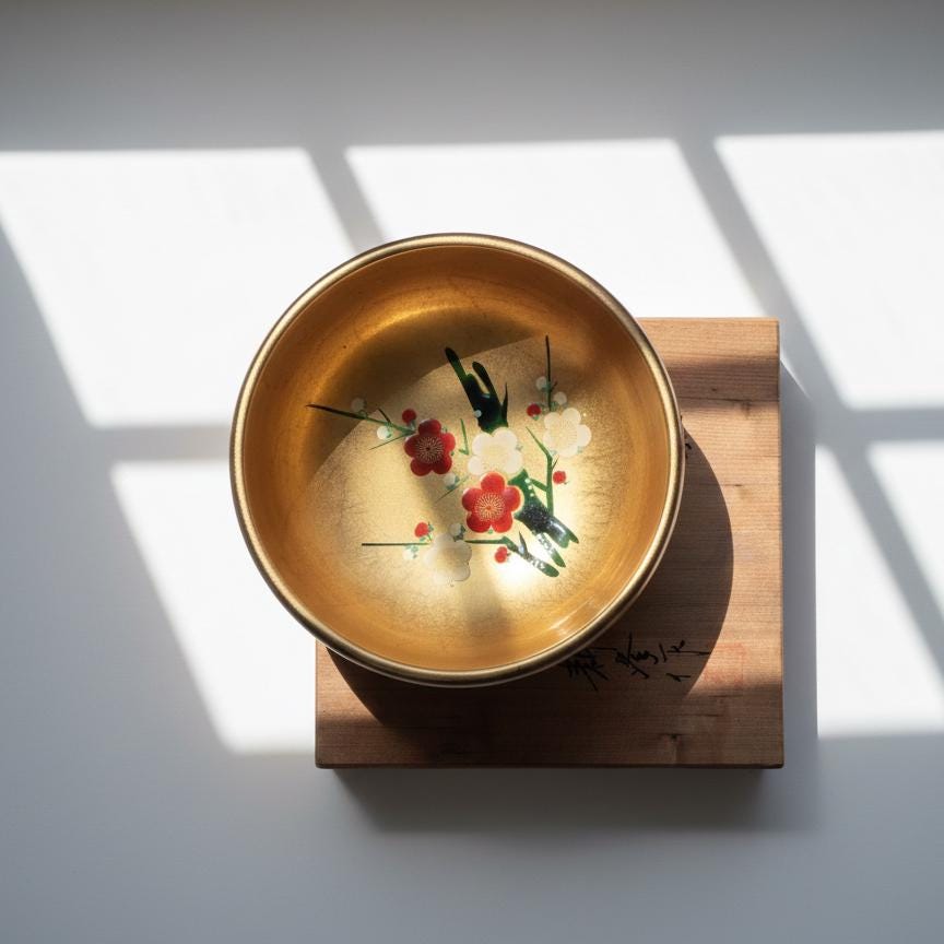 Japanese Gold Leaf Lacquerware Bowl with Signed Box, Plum Blossom Maki-e Design, Authentic Urushi Lacquer Serving Bowl