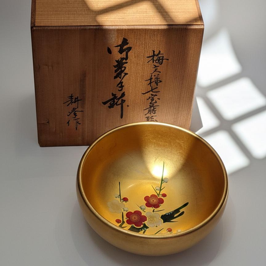 Japanese Gold Leaf Lacquerware Bowl with Signed Box, Plum Blossom Maki-e Design, Authentic Urushi Lacquer Serving Bowl