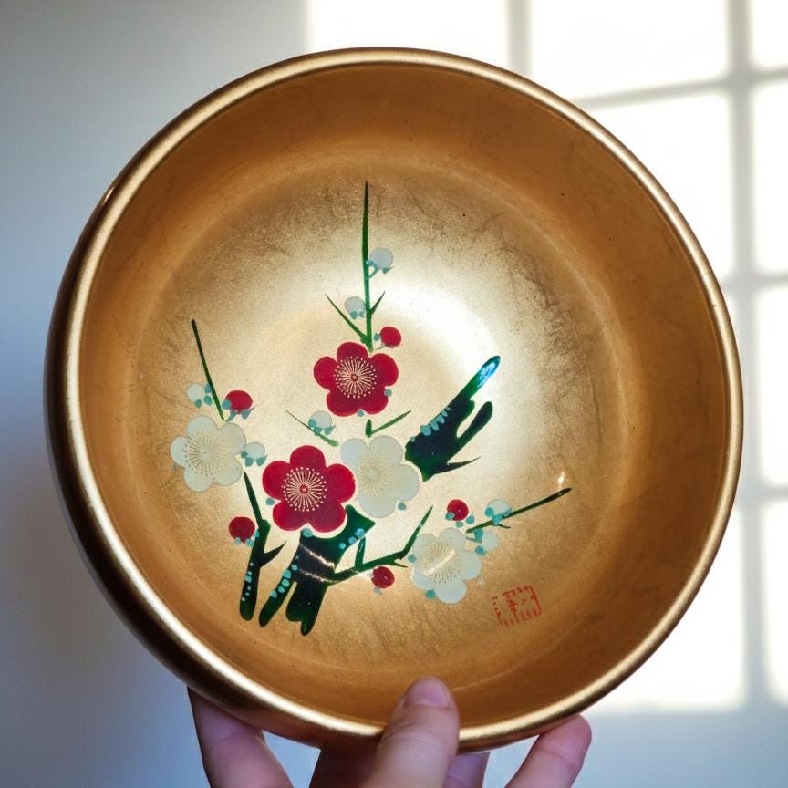 Japanese Gold Leaf Lacquerware Bowl with Signed Box, Plum Blossom Maki-e Design, Authentic Urushi Lacquer Serving Bowl