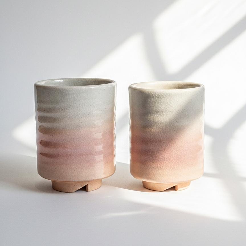 Hagi Ware Yunomi Tea Cups Pair with Signed Box, Japanese Pottery Set, Gradient Glaze Hagi Yaki, Traditional Ceramic Gift