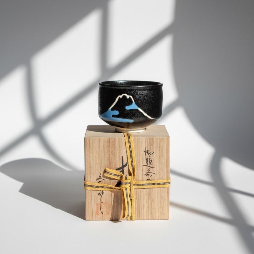 Fumiyasu Sugiura Seto Ware Matcha Bowl with Box, Mt. Fuji Design Tea Bowl, Famous Japanese Potter, Collector Chawan