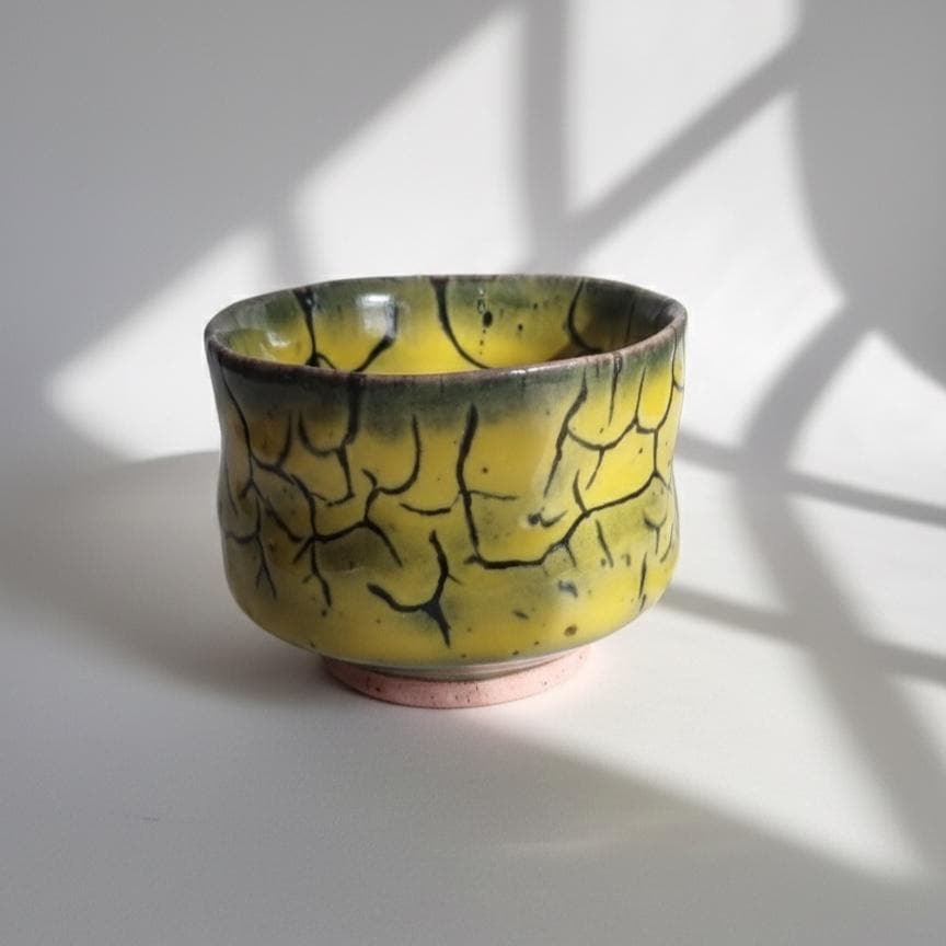 Authentic Hasami Ware Sake Cup, Japanese Yunomi | Yellow Draft Ice Glaze by Akitoshi Kurosaki