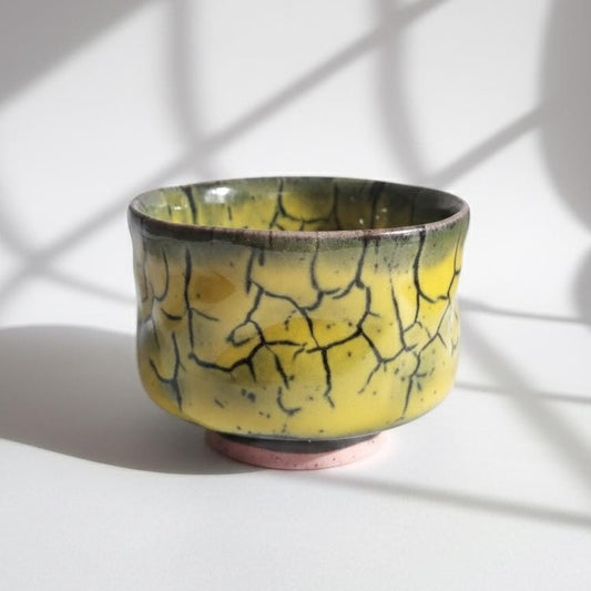 Authentic Hasami Ware Sake Cup, Japanese Yunomi | Yellow Draft Ice Glaze by Akitoshi Kurosaki
