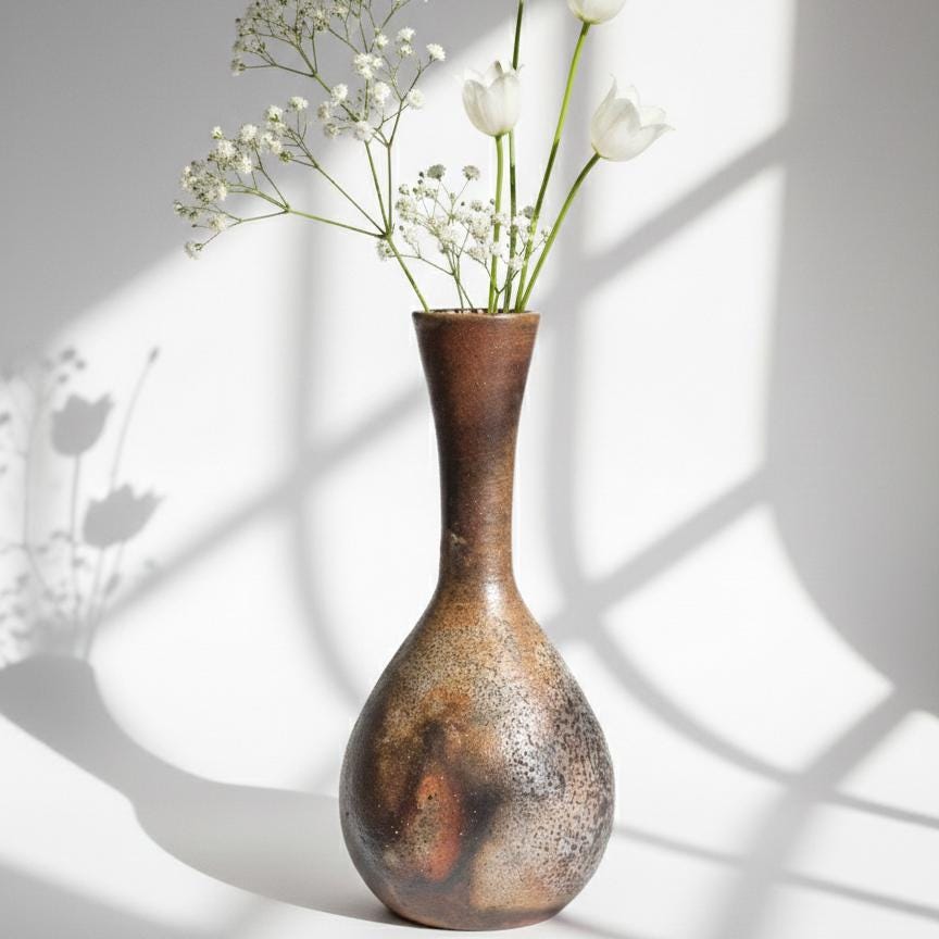 Authentic Bizen Ware Crane Neck Vase - Handmade Japanese Stoneware Flower Vase - Wabi-Sabi Wood-Fired Pottery - Signed Studio Ceramic