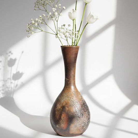 Authentic Bizen Ware Crane Neck Vase - Handmade Japanese Stoneware Flower Vase - Wabi-Sabi Wood-Fired Pottery - Signed Studio Ceramic