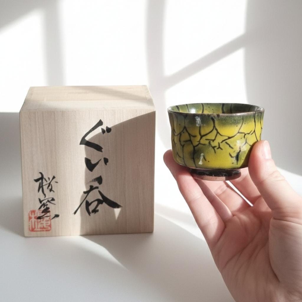Authentic Hasami Ware Sake Cup, Japanese Yunomi | Yellow Draft Ice Glaze by Akitoshi Kurosaki