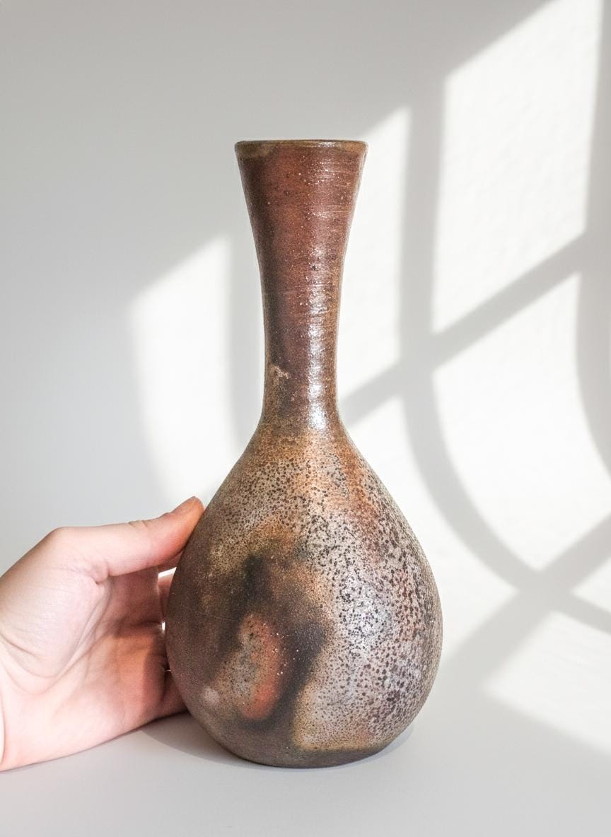Authentic Bizen Ware Crane Neck Vase - Handmade Japanese Stoneware Flower Vase - Wabi-Sabi Wood-Fired Pottery - Signed Studio Ceramic