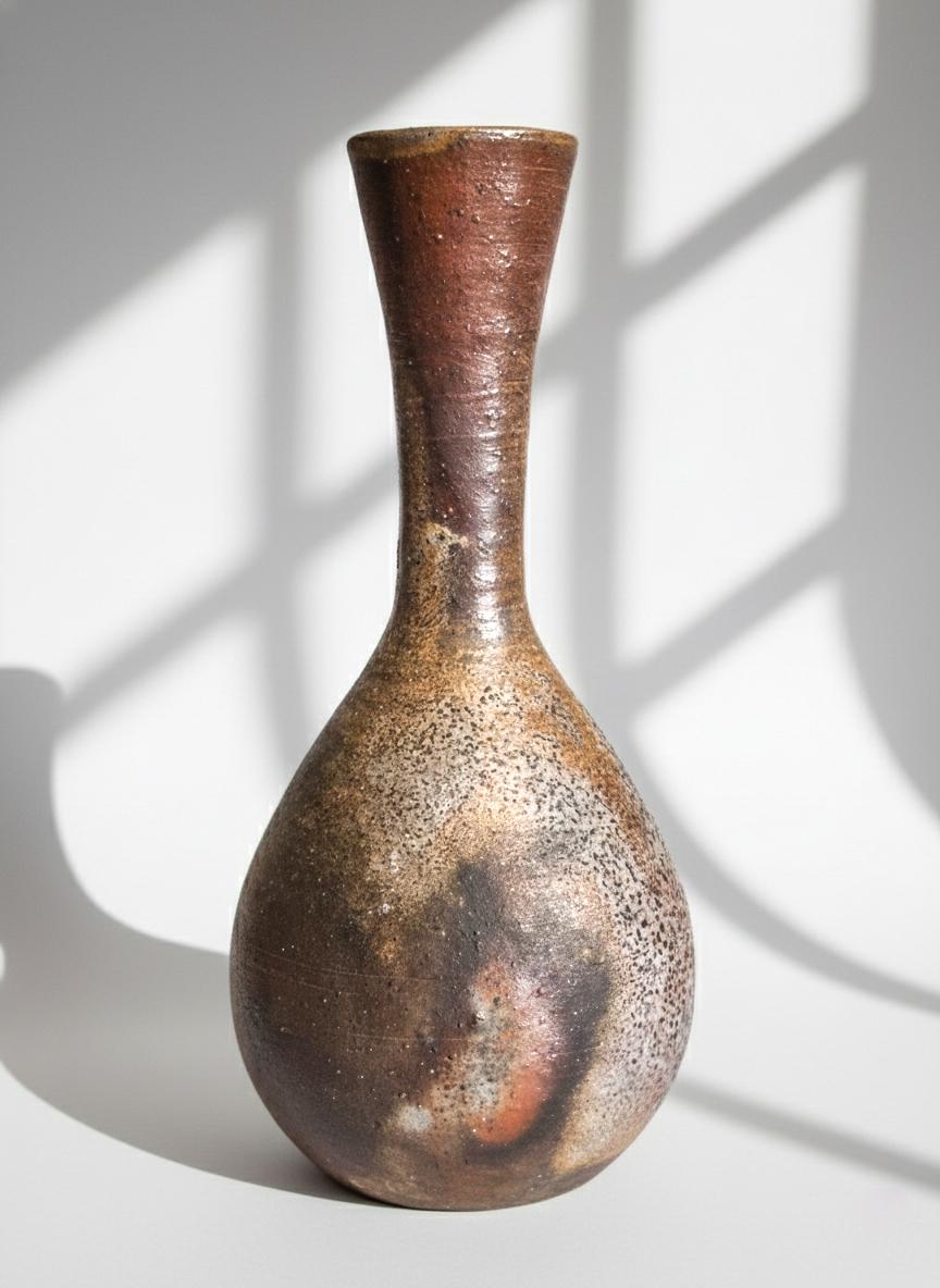 Authentic Bizen Ware Crane Neck Vase - Handmade Japanese Stoneware Flower Vase - Wabi-Sabi Wood-Fired Pottery - Signed Studio Ceramic