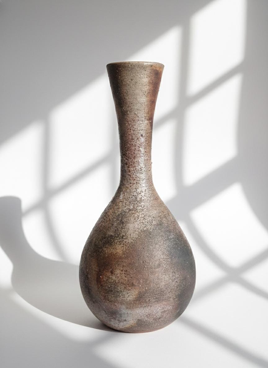 Authentic Bizen Ware Crane Neck Vase - Handmade Japanese Stoneware Flower Vase - Wabi-Sabi Wood-Fired Pottery - Signed Studio Ceramic