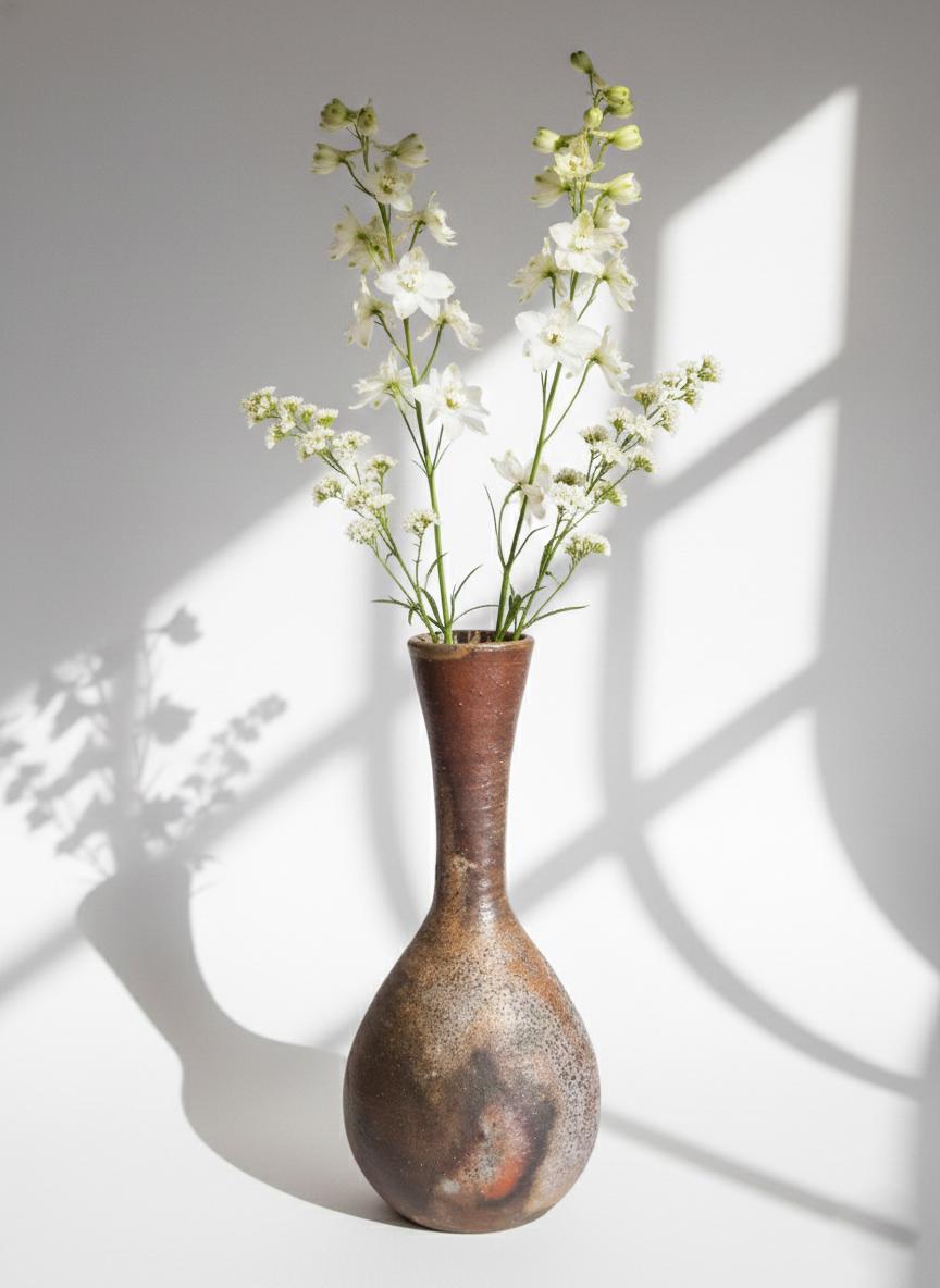 Authentic Bizen Ware Crane Neck Vase - Handmade Japanese Stoneware Flower Vase - Wabi-Sabi Wood-Fired Pottery - Signed Studio Ceramic