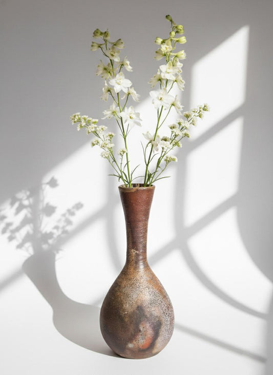 Authentic Bizen Ware Crane Neck Vase - Handmade Japanese Stoneware Flower Vase - Wabi-Sabi Wood-Fired Pottery - Signed Studio Ceramic