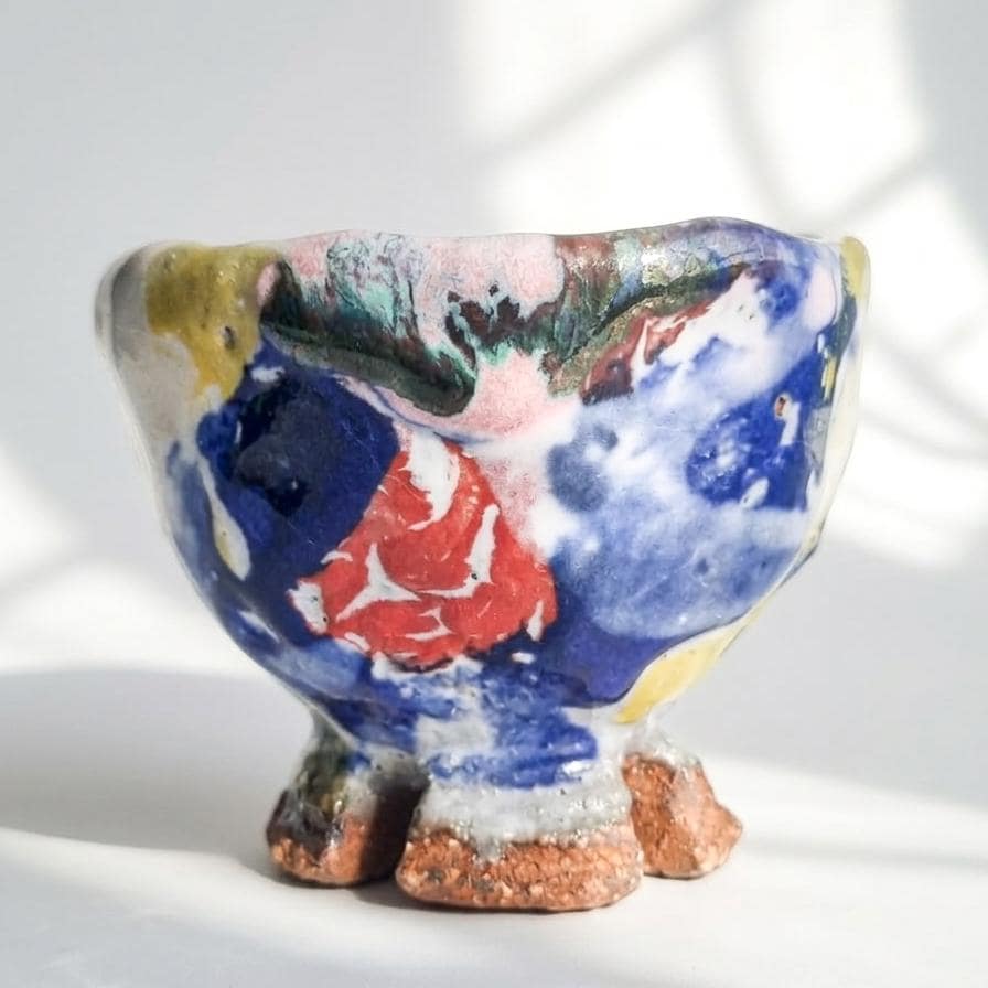 Japanese Hand-Formed Hagi Ware Sake Cup by Seigan Yamane | Colorful Glaze Guinomi with Signed Tomobako