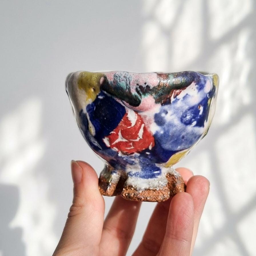 Japanese Hand-Formed Hagi Ware Sake Cup by Seigan Yamane | Colorful Glaze Guinomi with Signed Tomobako