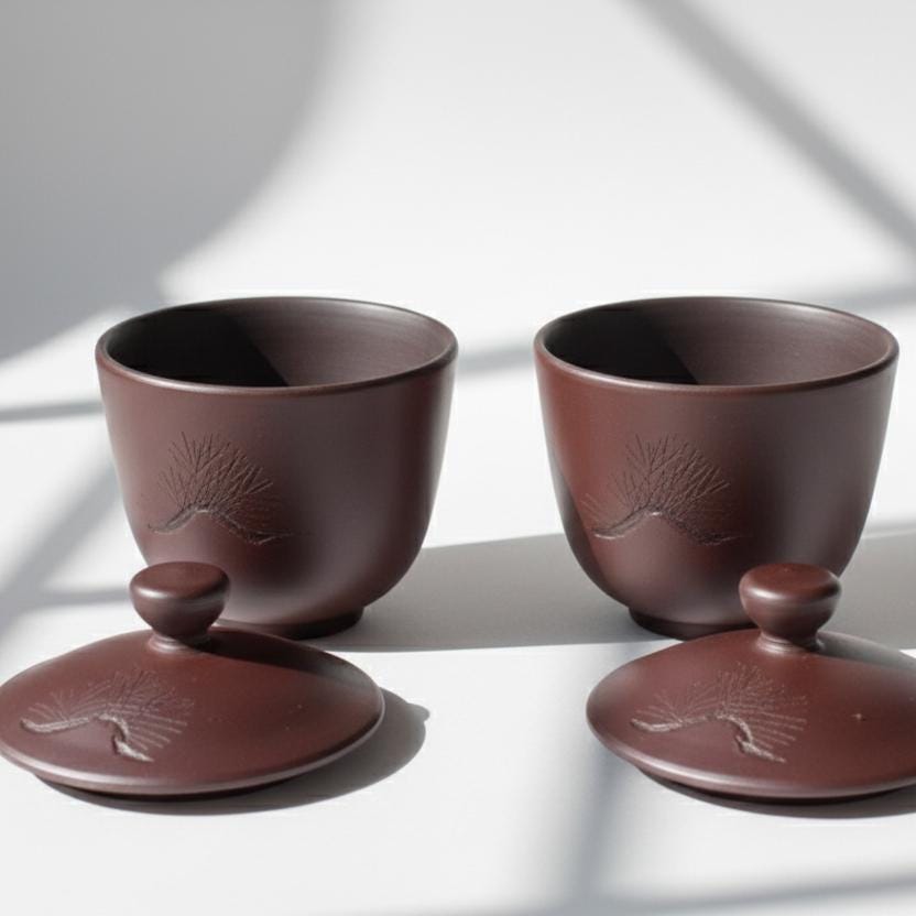 Lidded Banko Ware Clay Teacup Set | Hand-Carved Pine Design | Japanese Yunomi Set of 2 | Meoto Tea Set with Lids