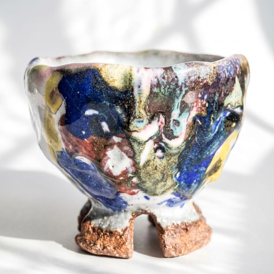 Japanese Hand-Formed Hagi Ware Sake Cup by Seigan Yamane | Colorful Glaze Guinomi with Signed Tomobako